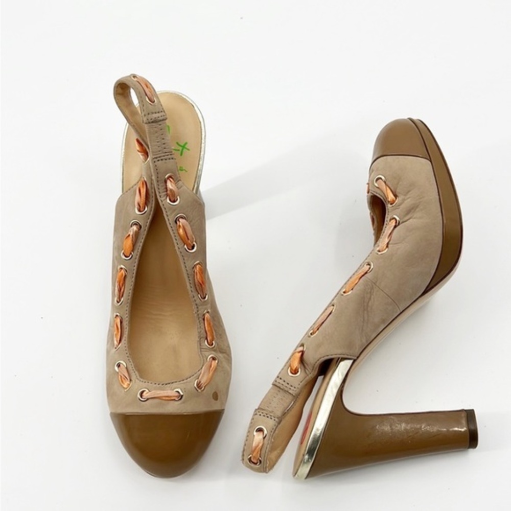 Paul Smith Tan Suede Laced Platform Slingback Heels Patent Leather Size 38 US 7